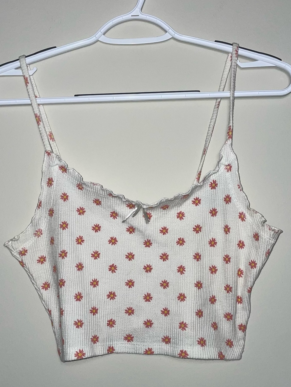 PACSUN M Ivory Pink Floral Bow Front Ruffle Hem Cotton Blend Crop Top Coquette